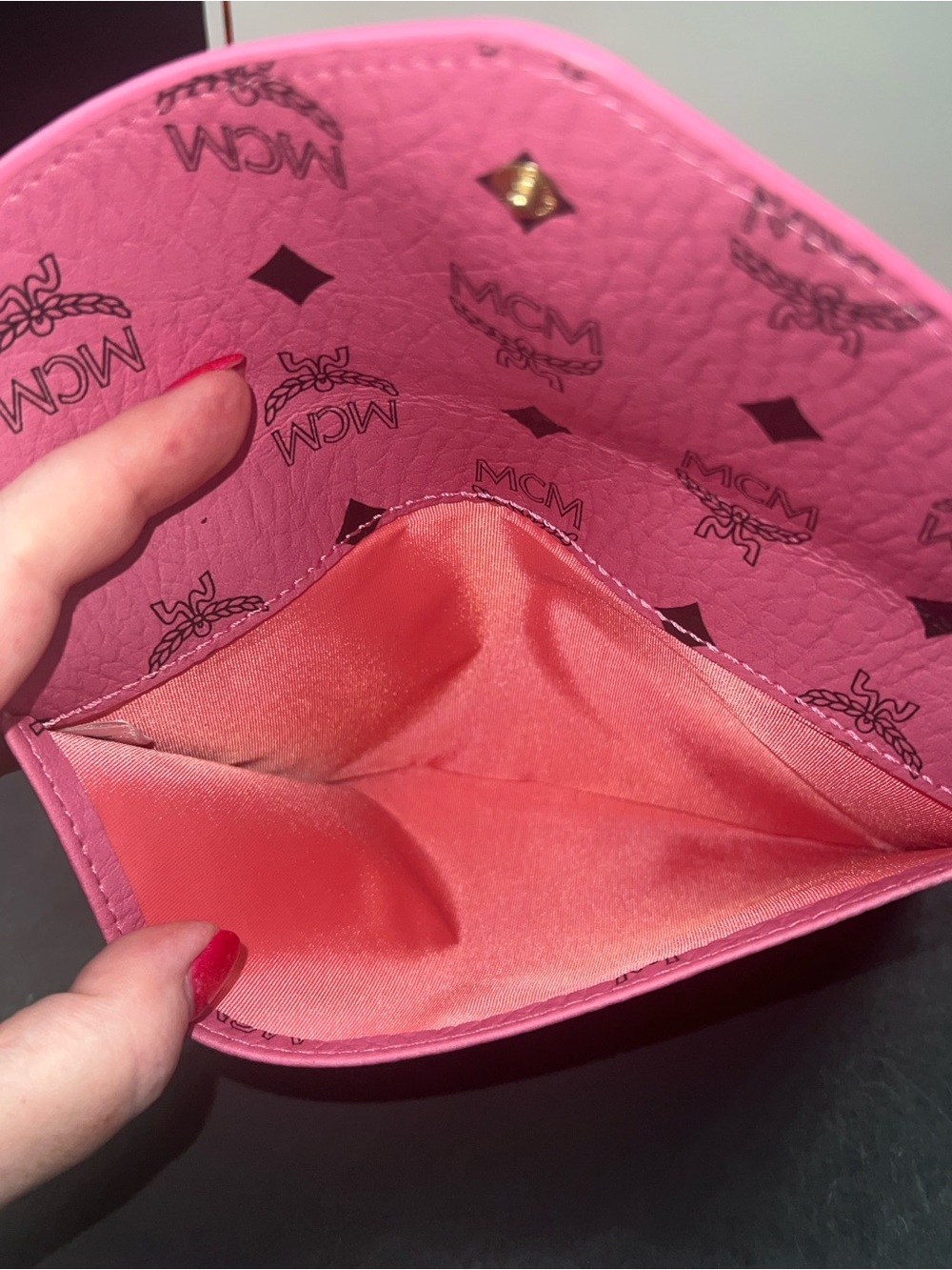 MCM Pink Visetos Envelope Clutch with Black and Gold Shoulder Strap - Picture 5 of 5